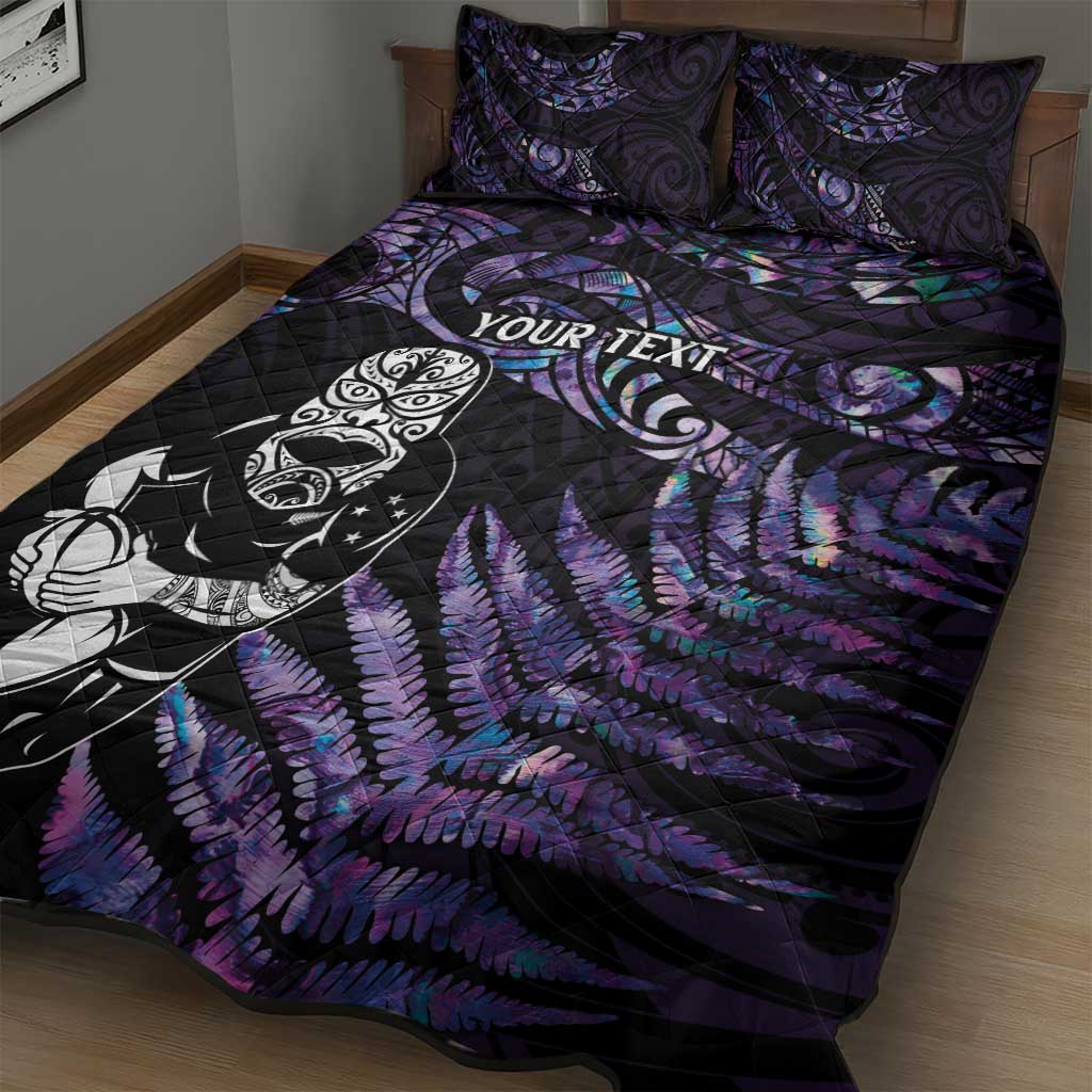 New Zealand Maori Rugby Personalised Quilt Bed Set Ta Moko Silver Fern - Paua Purple LT7 - Polynesian Pride