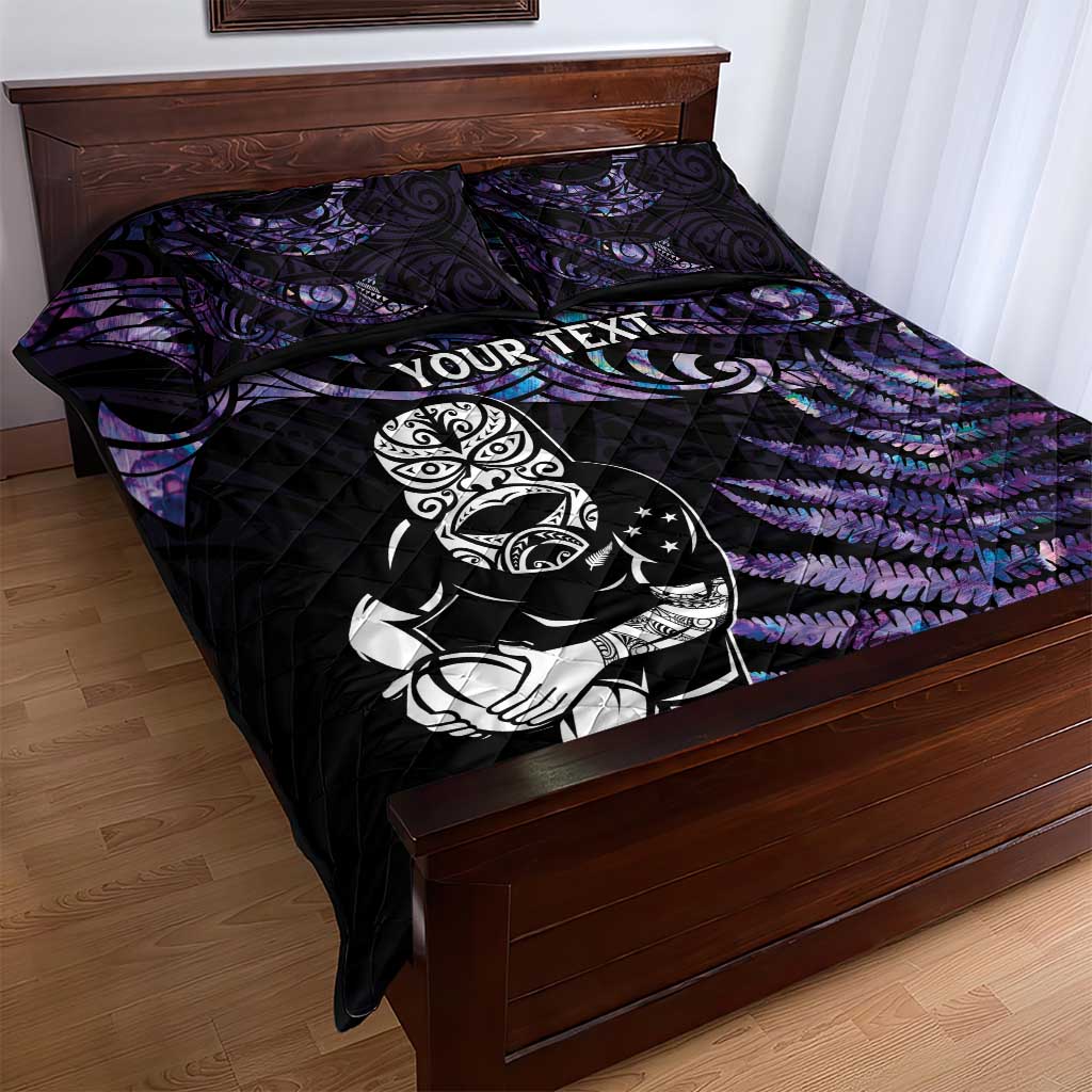New Zealand Maori Rugby Personalised Quilt Bed Set Ta Moko Silver Fern - Paua Purple LT7 - Polynesian Pride