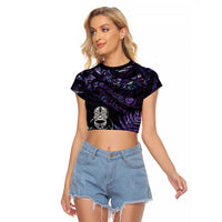 New Zealand Maori Rugby Personalised Raglan Cropped T Shirt Ta Moko Silver Fern - Paua Purple LT7 Female Purple - Polynesian Pride