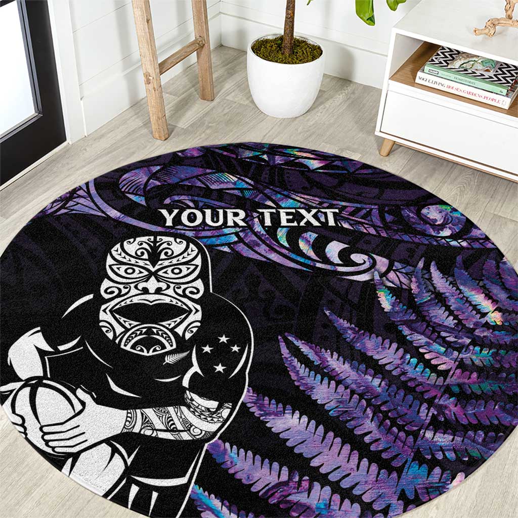 New Zealand Maori Rugby Personalised Round Carpet Ta Moko Silver Fern - Paua Purple LT7 Purple - Polynesian Pride