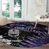 New Zealand Maori Rugby Personalised Round Carpet Ta Moko Silver Fern - Paua Purple LT7 - Polynesian Pride