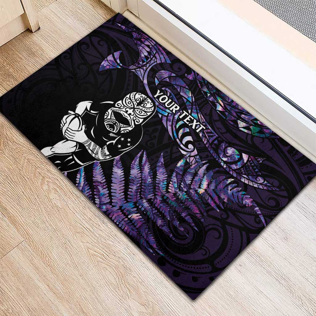 New Zealand Maori Rugby Personalised Rubber Doormat Ta Moko Silver Fern - Paua Purple LT7 - Polynesian Pride