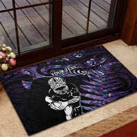 New Zealand Maori Rugby Personalised Rubber Doormat Ta Moko Silver Fern - Paua Purple LT7 - Polynesian Pride