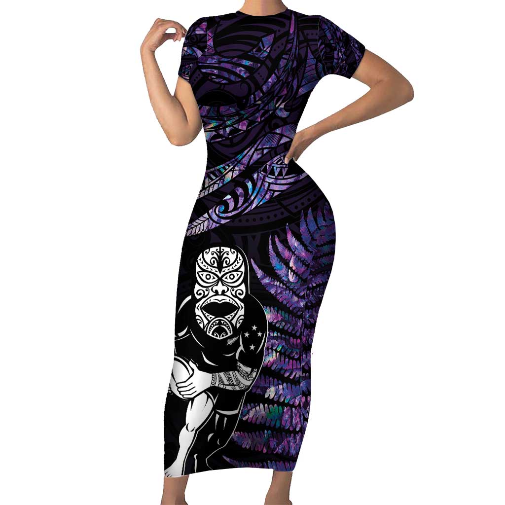 New Zealand Maori Rugby Personalised Short Sleeve Bodycon Dress Ta Moko Silver Fern - Paua Purple LT7 Long Dress Purple - Polynesian Pride