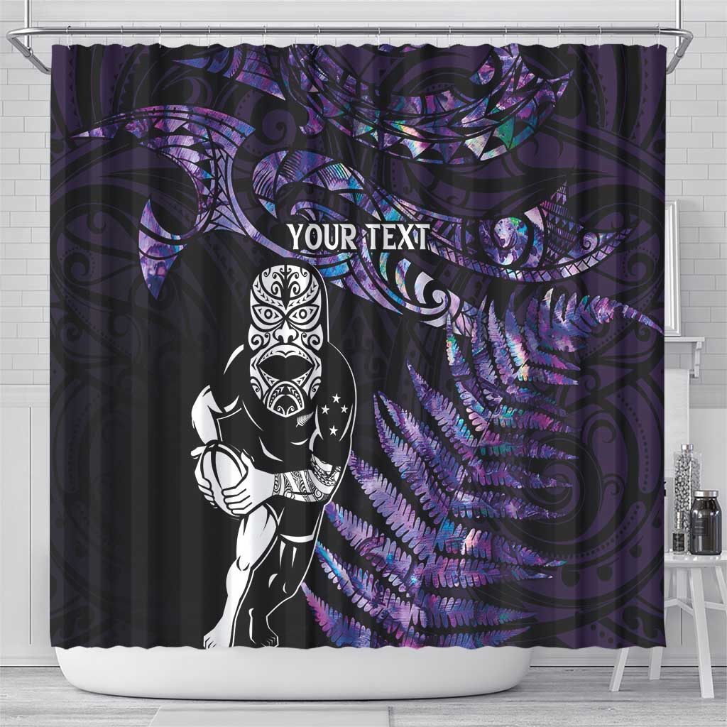 New Zealand Maori Rugby Personalised Shower Curtain Ta Moko Silver Fern - Paua Purple LT7 - Polynesian Pride