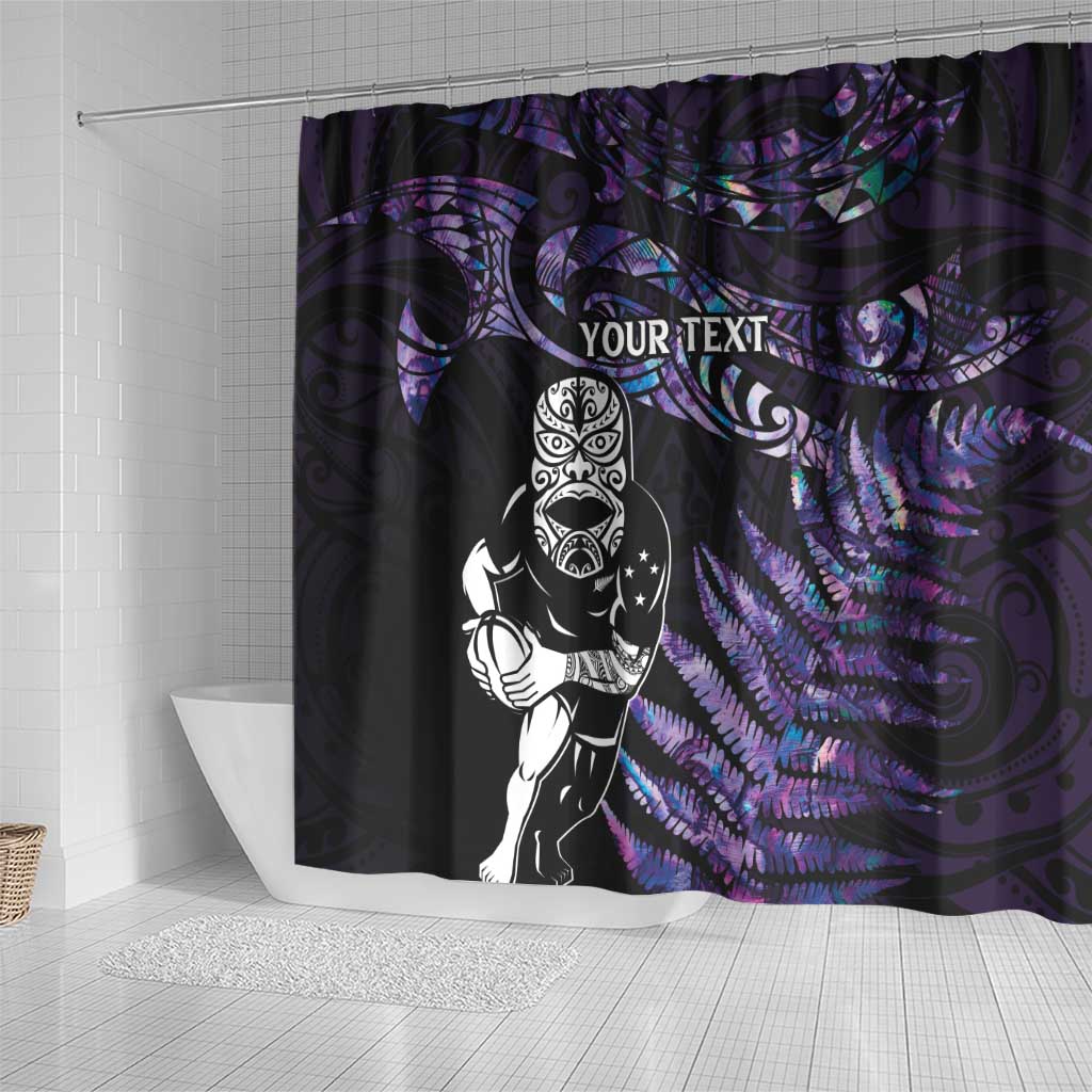 New Zealand Maori Rugby Personalised Shower Curtain Ta Moko Silver Fern - Paua Purple LT7 - Polynesian Pride
