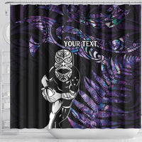 New Zealand Maori Rugby Personalised Shower Curtain Ta Moko Silver Fern - Paua Purple LT7 - Polynesian Pride