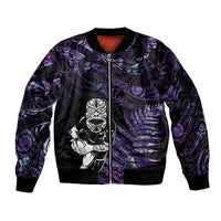 New Zealand Maori Rugby Personalised Sleeve Zip Bomber Jacket Ta Moko Silver Fern - Paua Purple LT7 Unisex Purple - Polynesian Pride