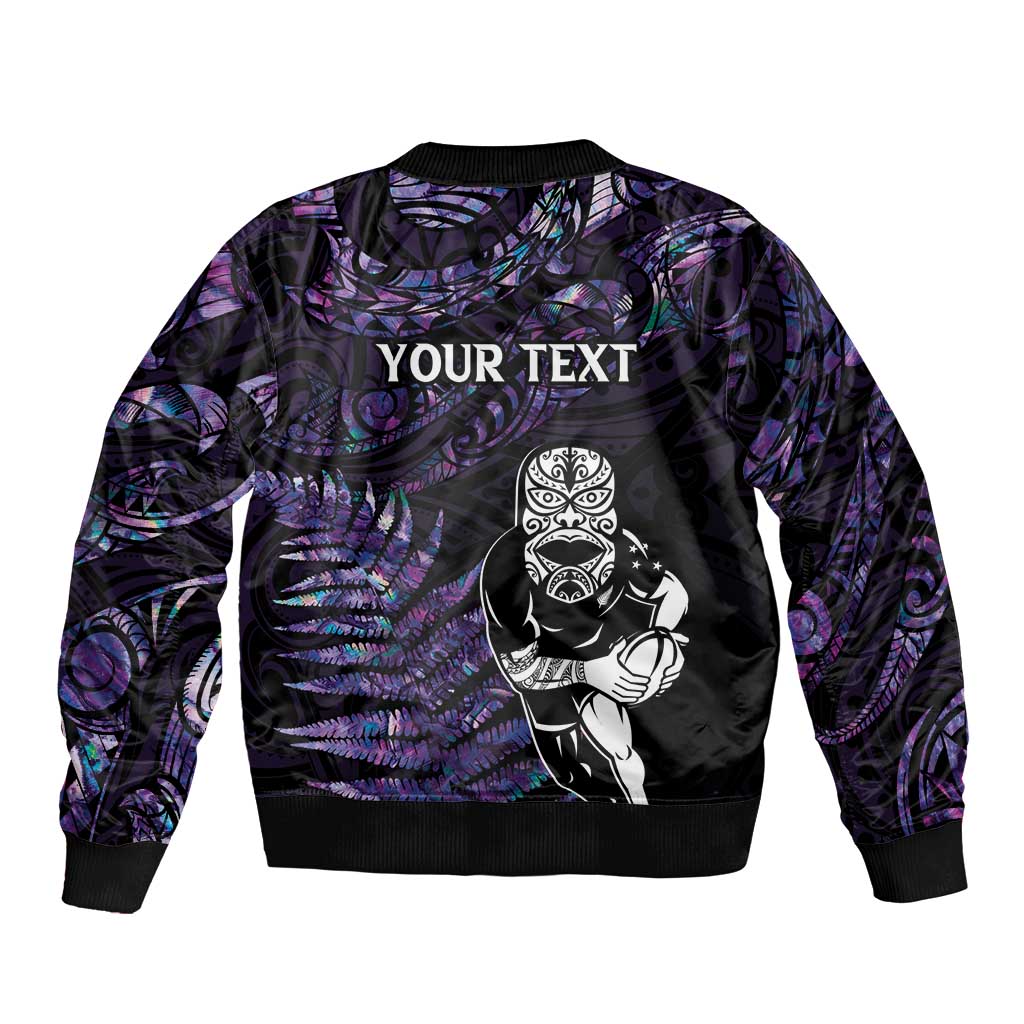 New Zealand Maori Rugby Personalised Sleeve Zip Bomber Jacket Ta Moko Silver Fern - Paua Purple LT7 - Polynesian Pride