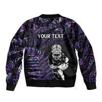 New Zealand Maori Rugby Personalised Sleeve Zip Bomber Jacket Ta Moko Silver Fern - Paua Purple LT7 - Polynesian Pride