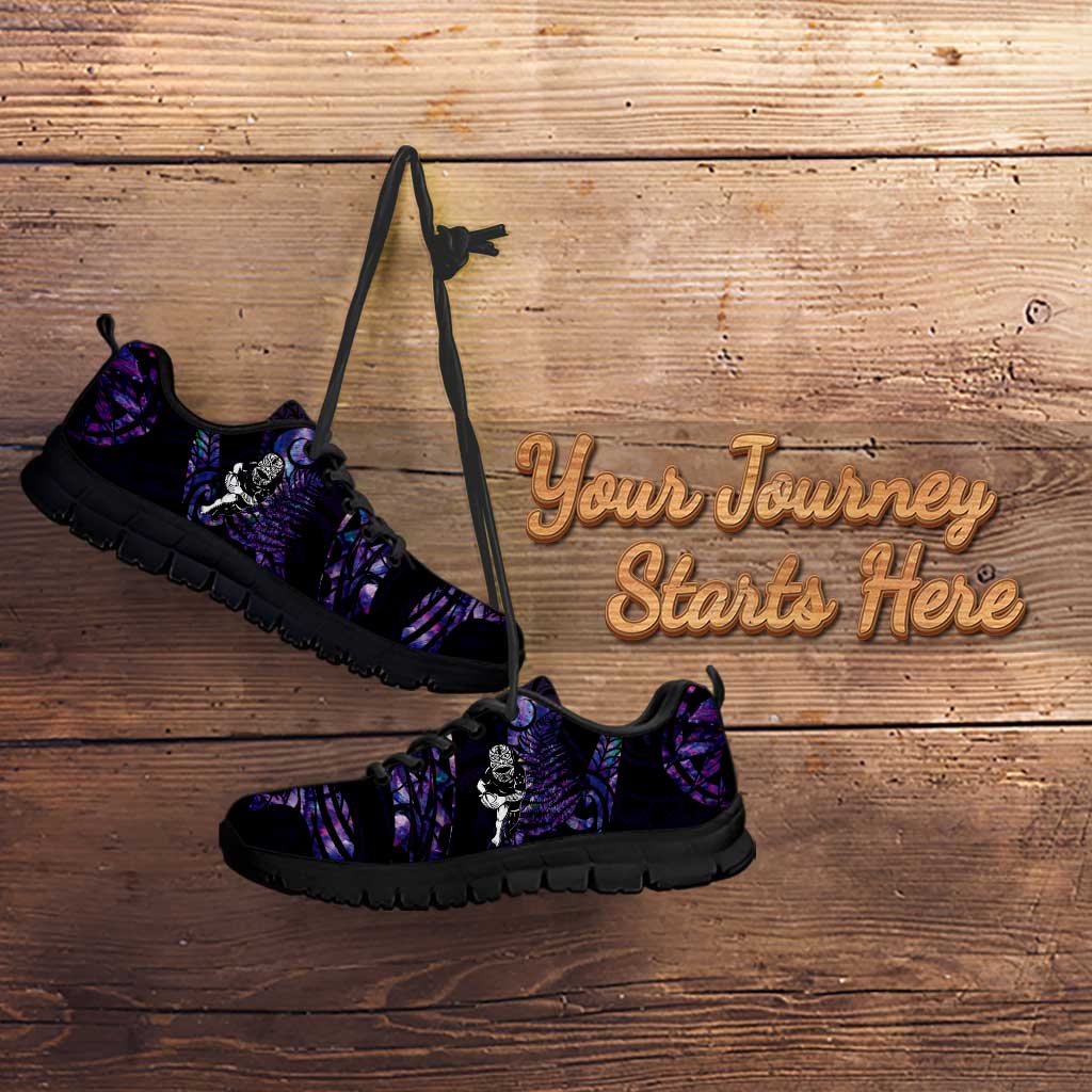 New Zealand Maori Rugby Personalised Sneakers Ta Moko Silver Fern - Paua Purple LT7 - Polynesian Pride