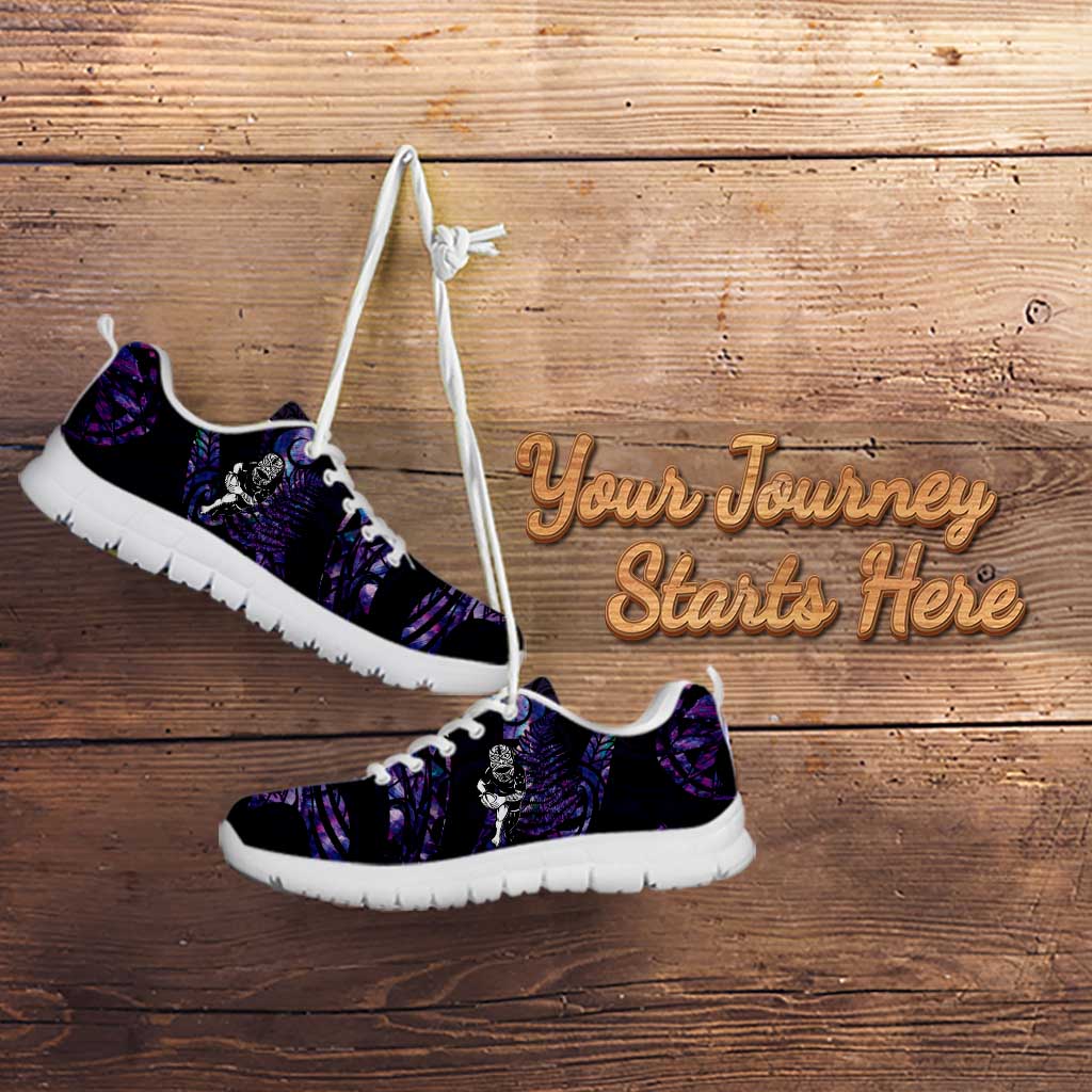New Zealand Maori Rugby Personalised Sneakers Ta Moko Silver Fern - Paua Purple LT7 - Polynesian Pride