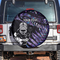 New Zealand Maori Rugby Personalised Spare Tire Cover Ta Moko Silver Fern - Paua Purple LT7 Purple - Polynesian Pride