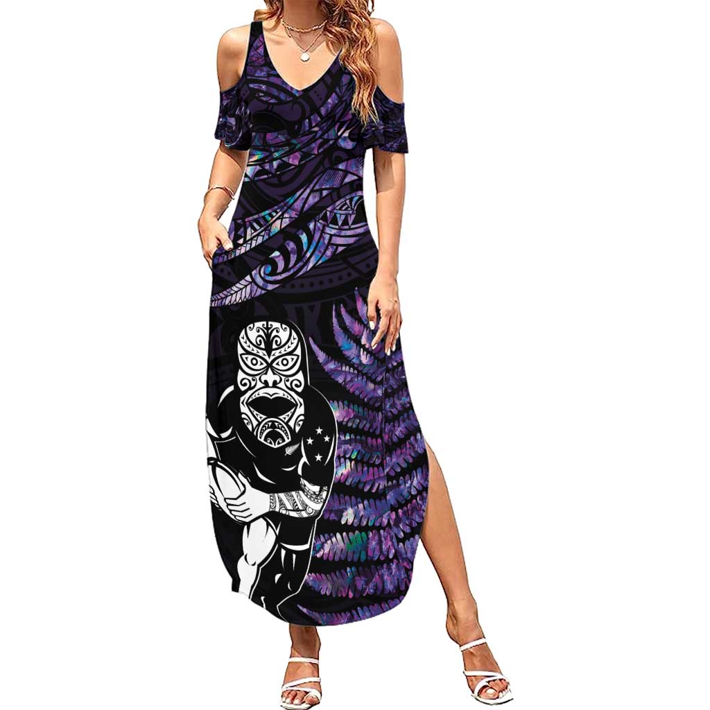 New Zealand Maori Rugby Personalised Summer Maxi Dress Ta Moko Silver Fern - Paua Purple LT7 Women Purple - Polynesian Pride