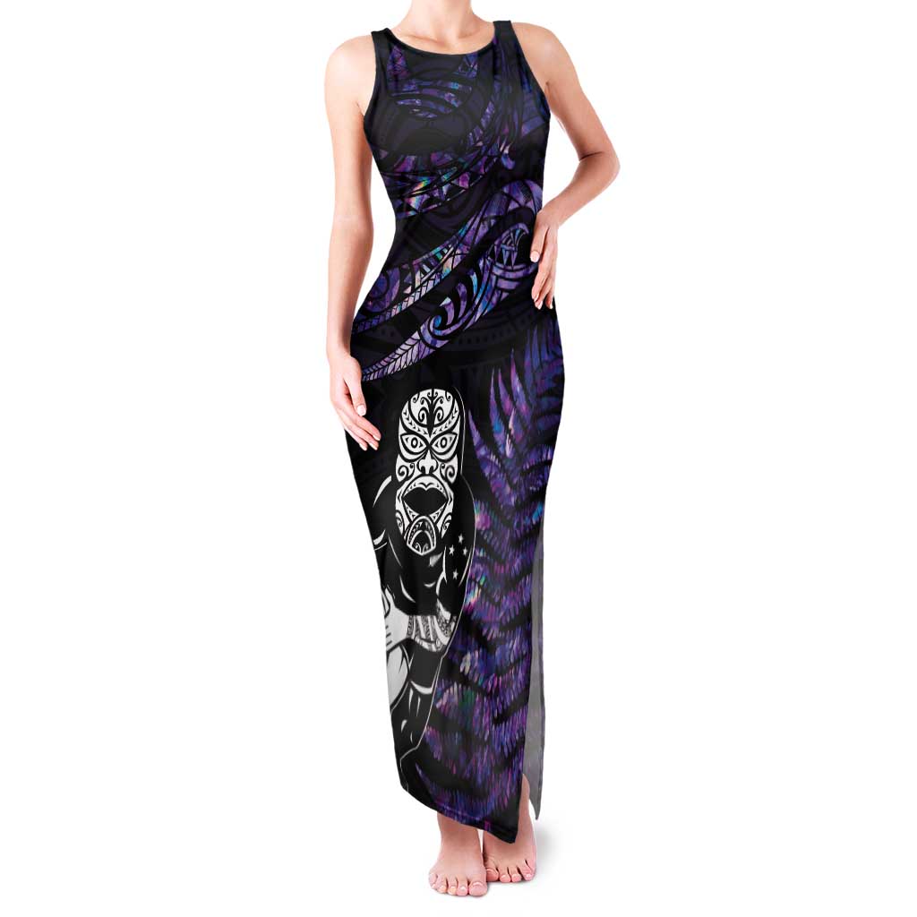 New Zealand Maori Rugby Personalised Tank Maxi Dress Ta Moko Silver Fern - Paua Purple LT7 Women Purple - Polynesian Pride