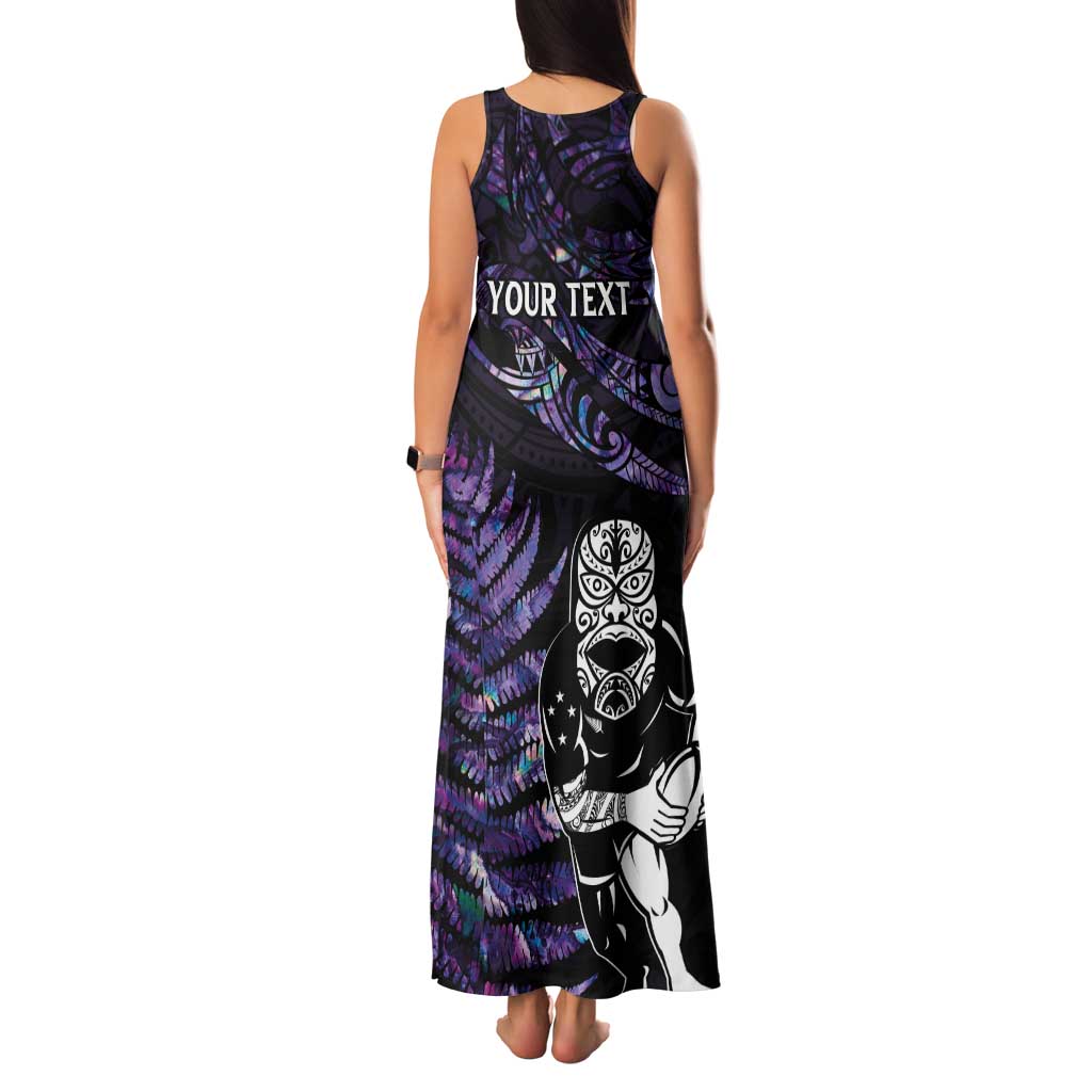 New Zealand Maori Rugby Personalised Tank Maxi Dress Ta Moko Silver Fern - Paua Purple LT7 - Polynesian Pride