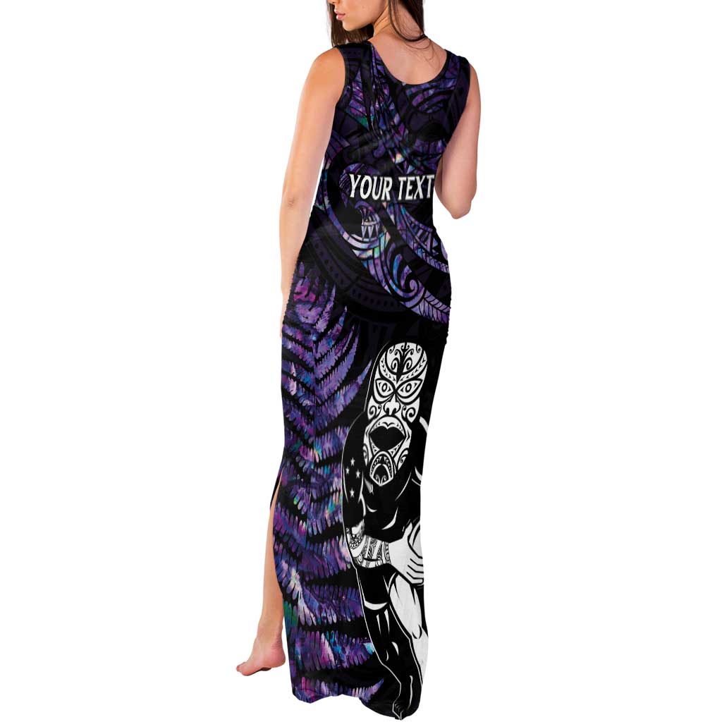 New Zealand Maori Rugby Personalised Tank Maxi Dress Ta Moko Silver Fern - Paua Purple LT7 - Polynesian Pride