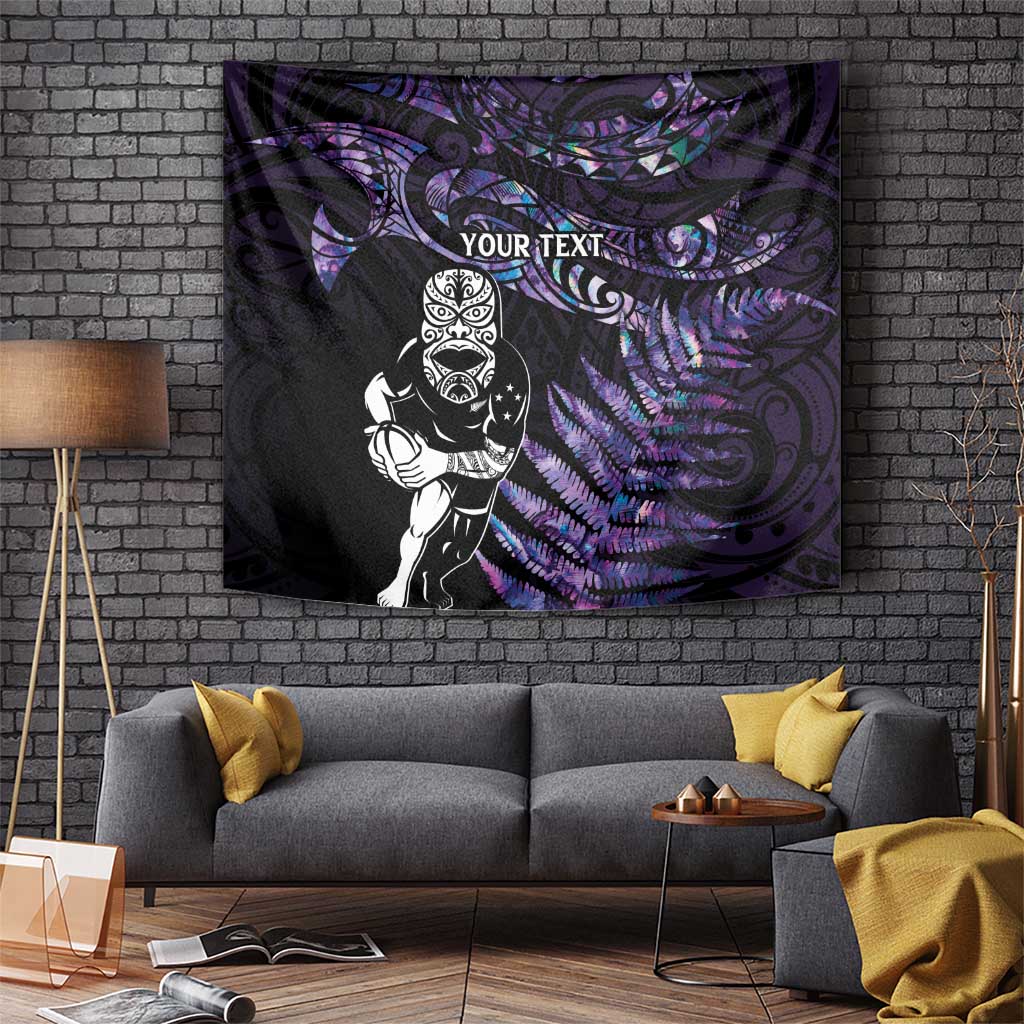 New Zealand Maori Rugby Personalised Tapestry Ta Moko Silver Fern - Paua Purple LT7 - Polynesian Pride