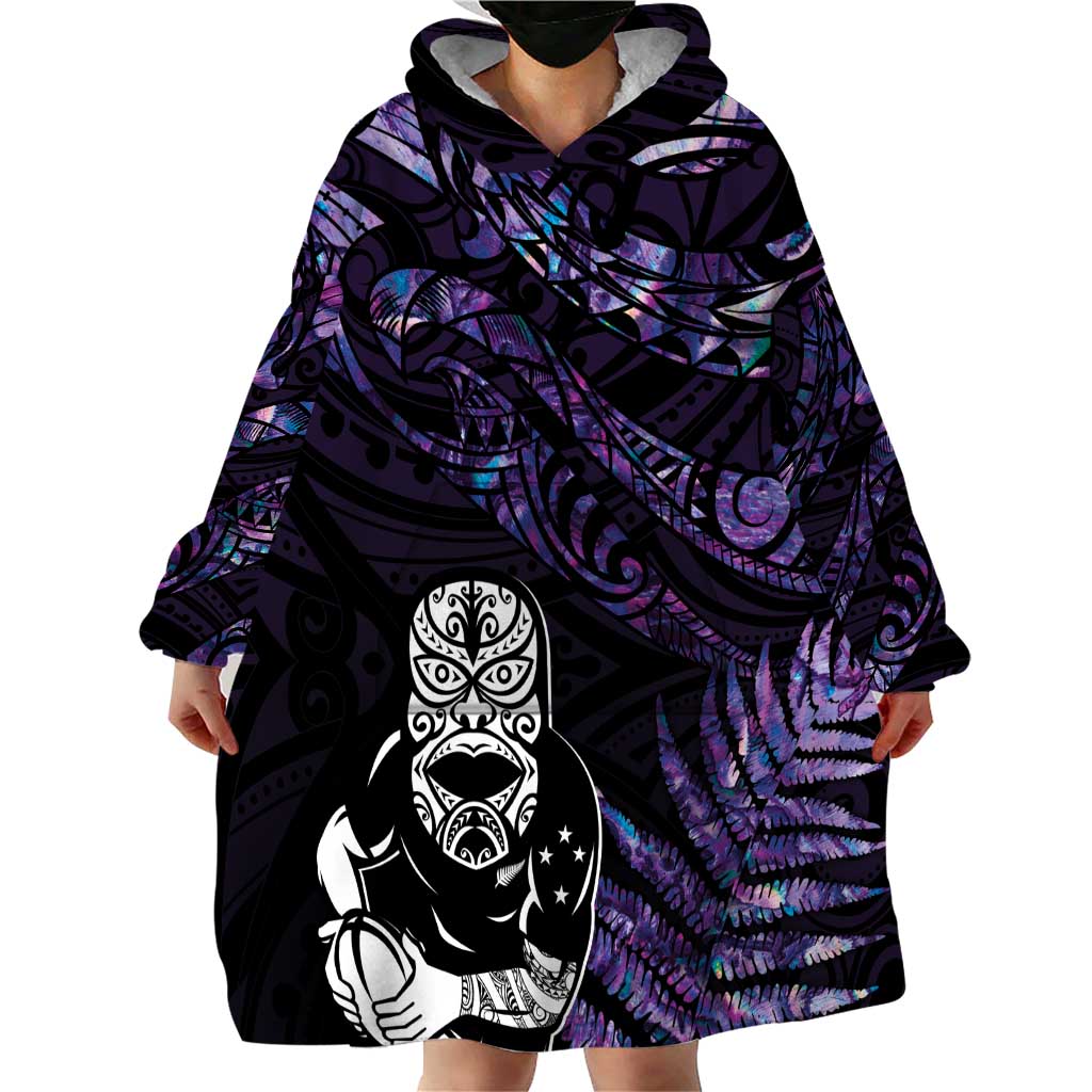 New Zealand Maori Rugby Personalised Wearable Blanket Hoodie Ta Moko Silver Fern - Paua Purple LT7 - Polynesian Pride