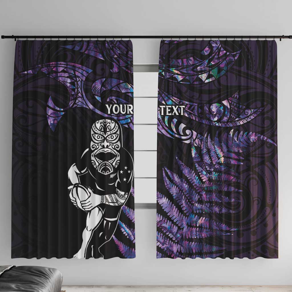 New Zealand Maori Rugby Personalised Window Curtain Ta Moko Silver Fern - Paua Purple LT7 With Hooks Purple - Polynesian Pride