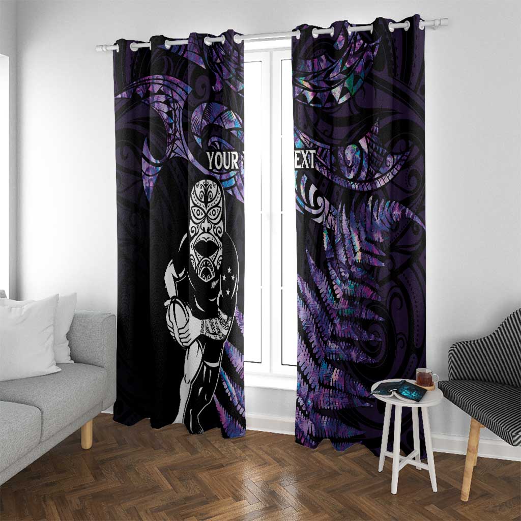 New Zealand Maori Rugby Personalised Window Curtain Ta Moko Silver Fern - Paua Purple LT7 With Grommets Purple - Polynesian Pride