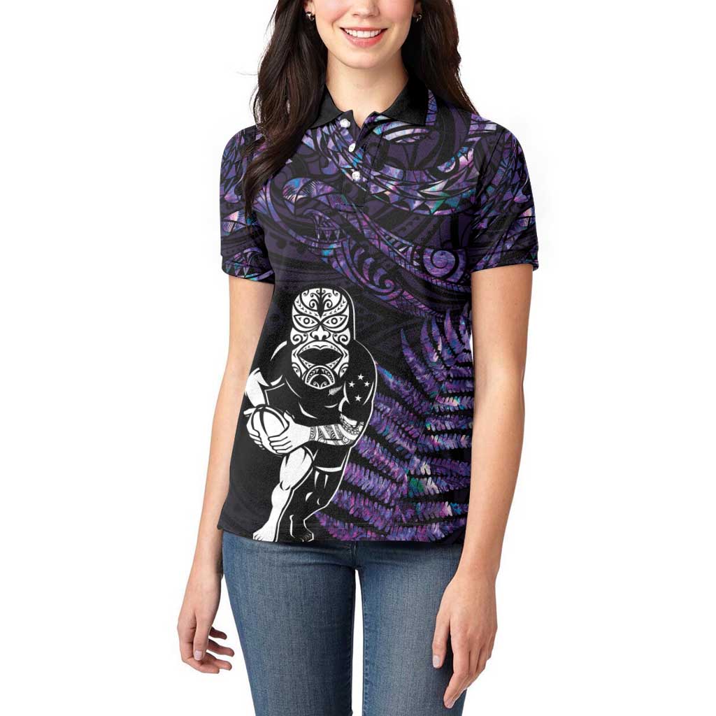 New Zealand Maori Rugby Personalised Women Polo Shirt Ta Moko Silver Fern - Paua Purple