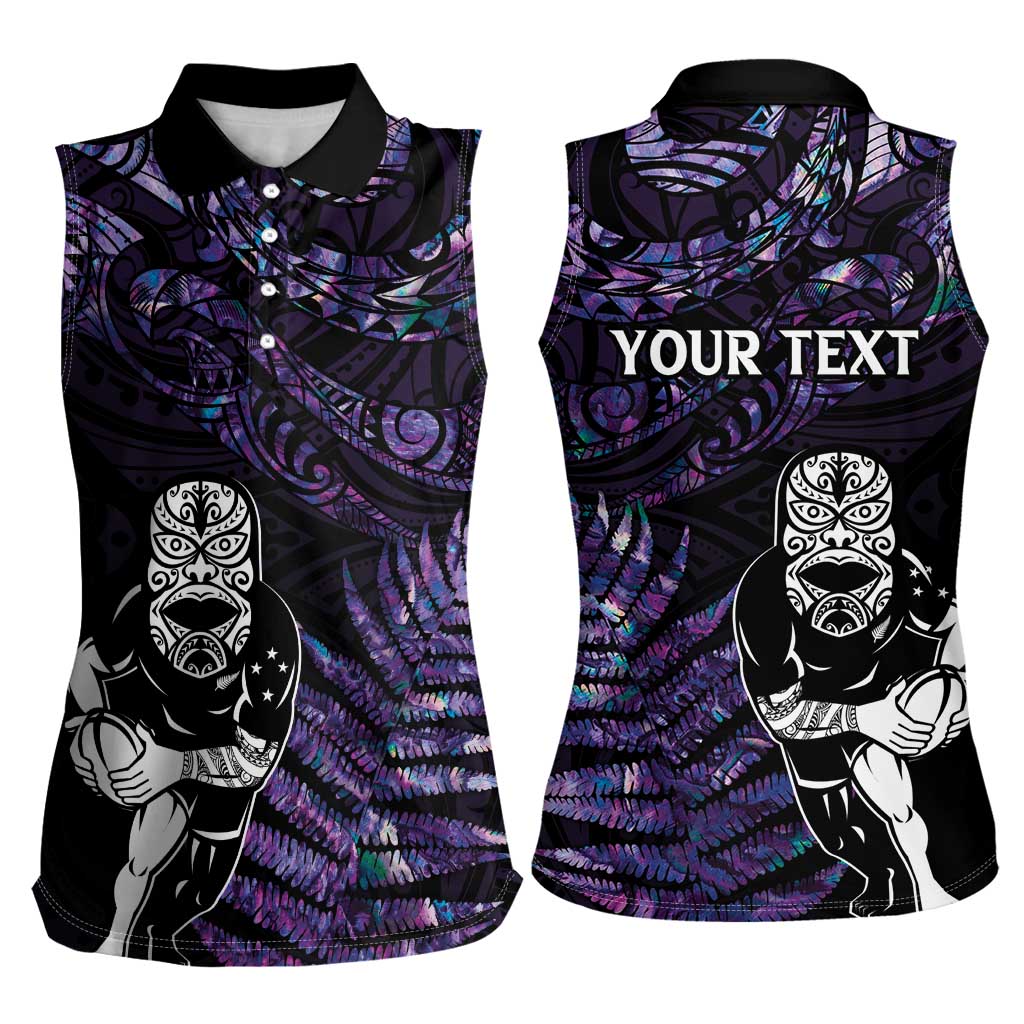 New Zealand Maori Rugby Personalised Women Sleeveless Polo Shirt Ta Moko Silver Fern - Paua Purple LT7 - Polynesian Pride