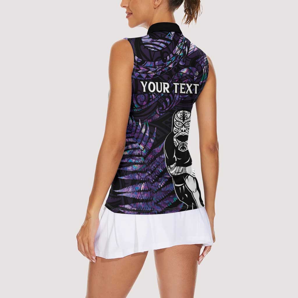 New Zealand Maori Rugby Personalised Women Sleeveless Polo Shirt Ta Moko Silver Fern - Paua Purple LT7 - Polynesian Pride