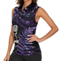 New Zealand Maori Rugby Personalised Women Sleeveless Polo Shirt Ta Moko Silver Fern - Paua Purple LT7 - Polynesian Pride