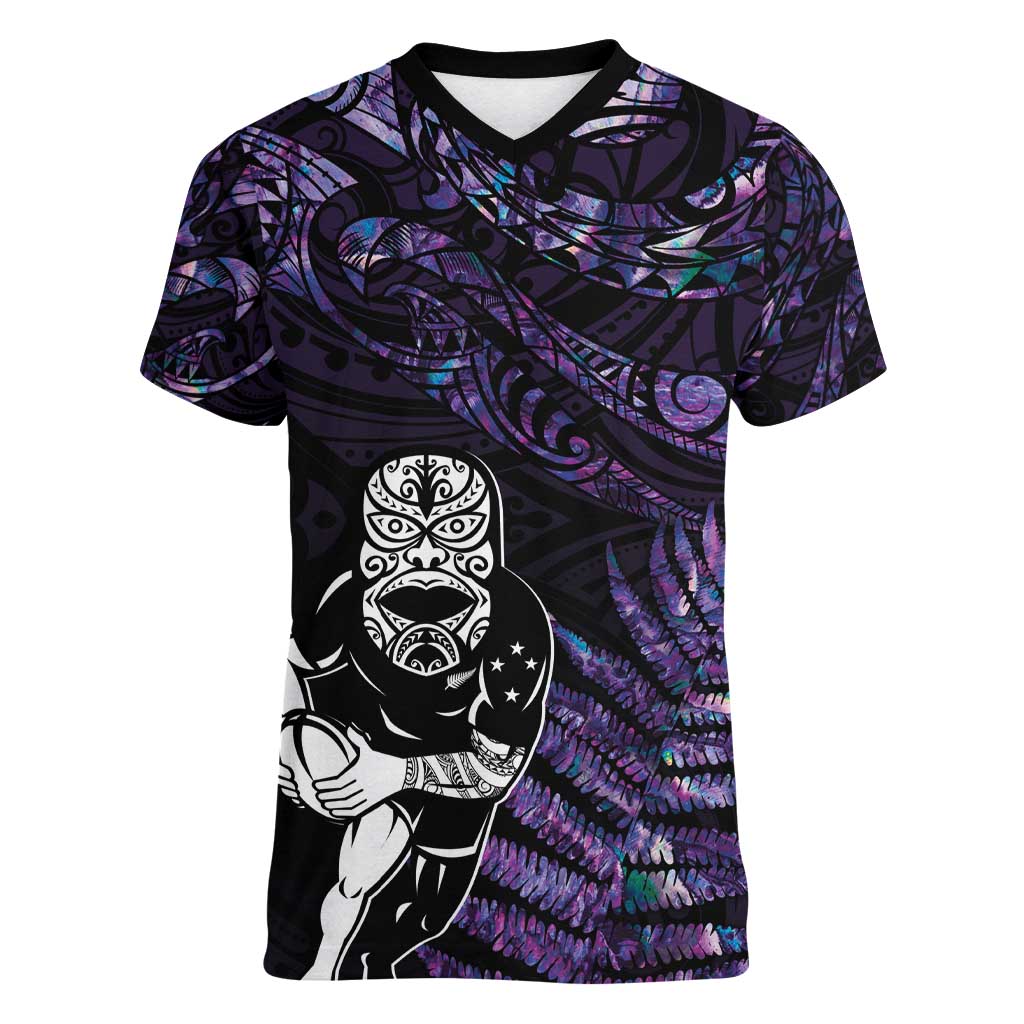 New Zealand Maori Rugby Personalised Women V-Neck T-Shirt Ta Moko Silver Fern - Paua Purple LT7 Female Purple - Polynesian Pride