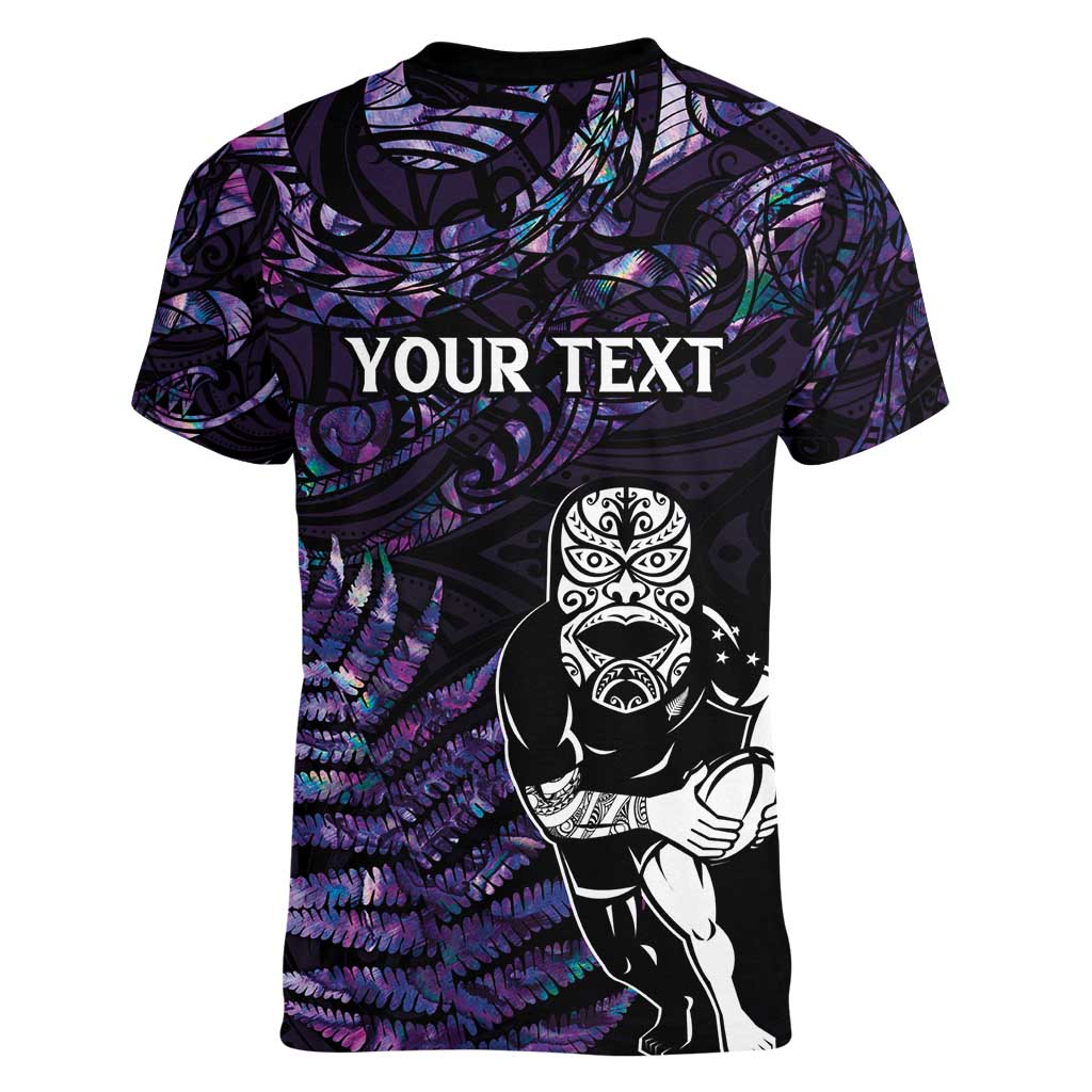 New Zealand Maori Rugby Personalised Women V-Neck T-Shirt Ta Moko Silver Fern - Paua Purple LT7 - Polynesian Pride