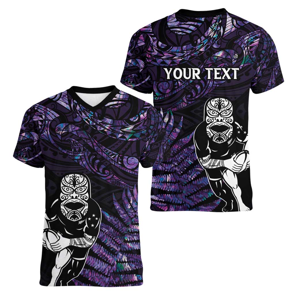 New Zealand Maori Rugby Personalised Women V-Neck T-Shirt Ta Moko Silver Fern - Paua Purple LT7 - Polynesian Pride