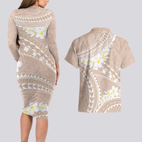 Polynesian Vintage Floral Couples Matching Long Sleeve Bodycon Dress and Hawaiian Shirt Beige Motifs LT7 - Polynesian Pride
