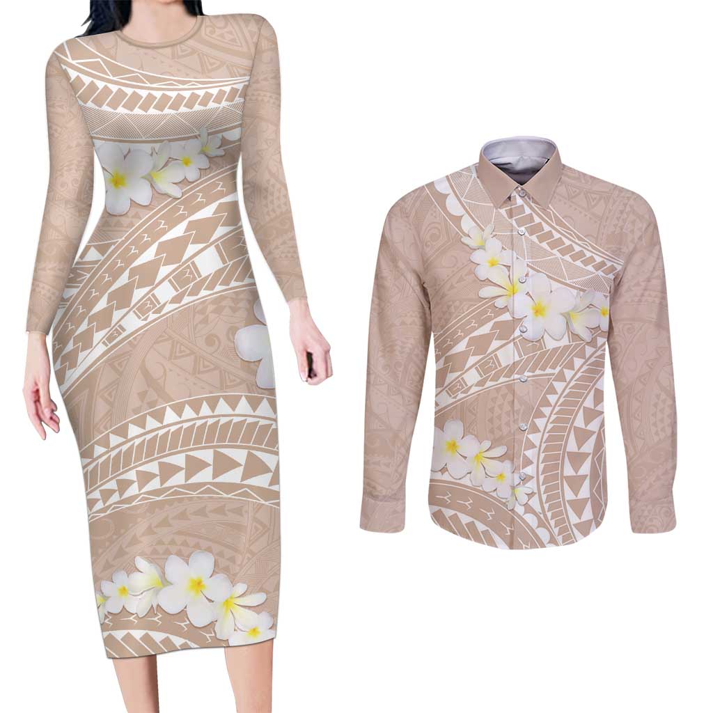 Polynesian Vintage Floral Couples Matching Long Sleeve Bodycon Dress and Long Sleeve Button Shirt Beige Motifs LT7 Beige - Polynesian Pride