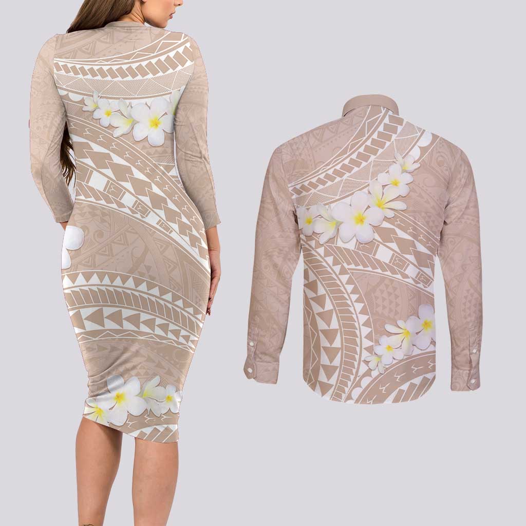 Polynesian Vintage Floral Couples Matching Long Sleeve Bodycon Dress and Long Sleeve Button Shirt Beige Motifs LT7 - Polynesian Pride