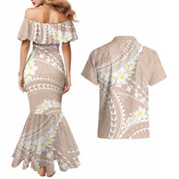Polynesian Vintage Floral Couples Matching Mermaid Dress and Hawaiian Shirt Beige Motifs LT7 - Polynesian Pride