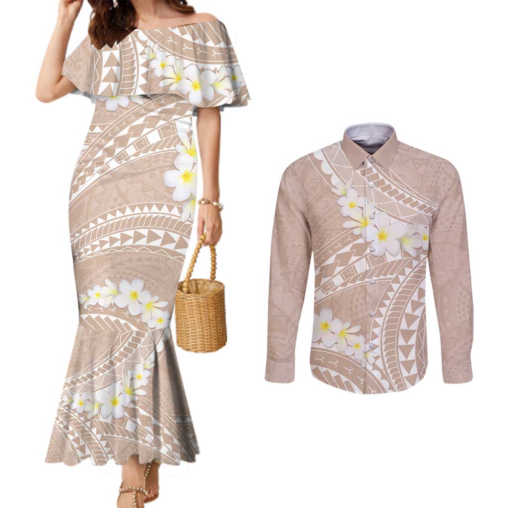 Polynesian Vintage Floral Couples Matching Mermaid Dress and Long Sleeve Button Shirt Beige Motifs LT7 Beige - Polynesian Pride