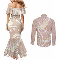 Polynesian Vintage Floral Couples Matching Mermaid Dress and Long Sleeve Button Shirt Beige Motifs LT7 - Polynesian Pride