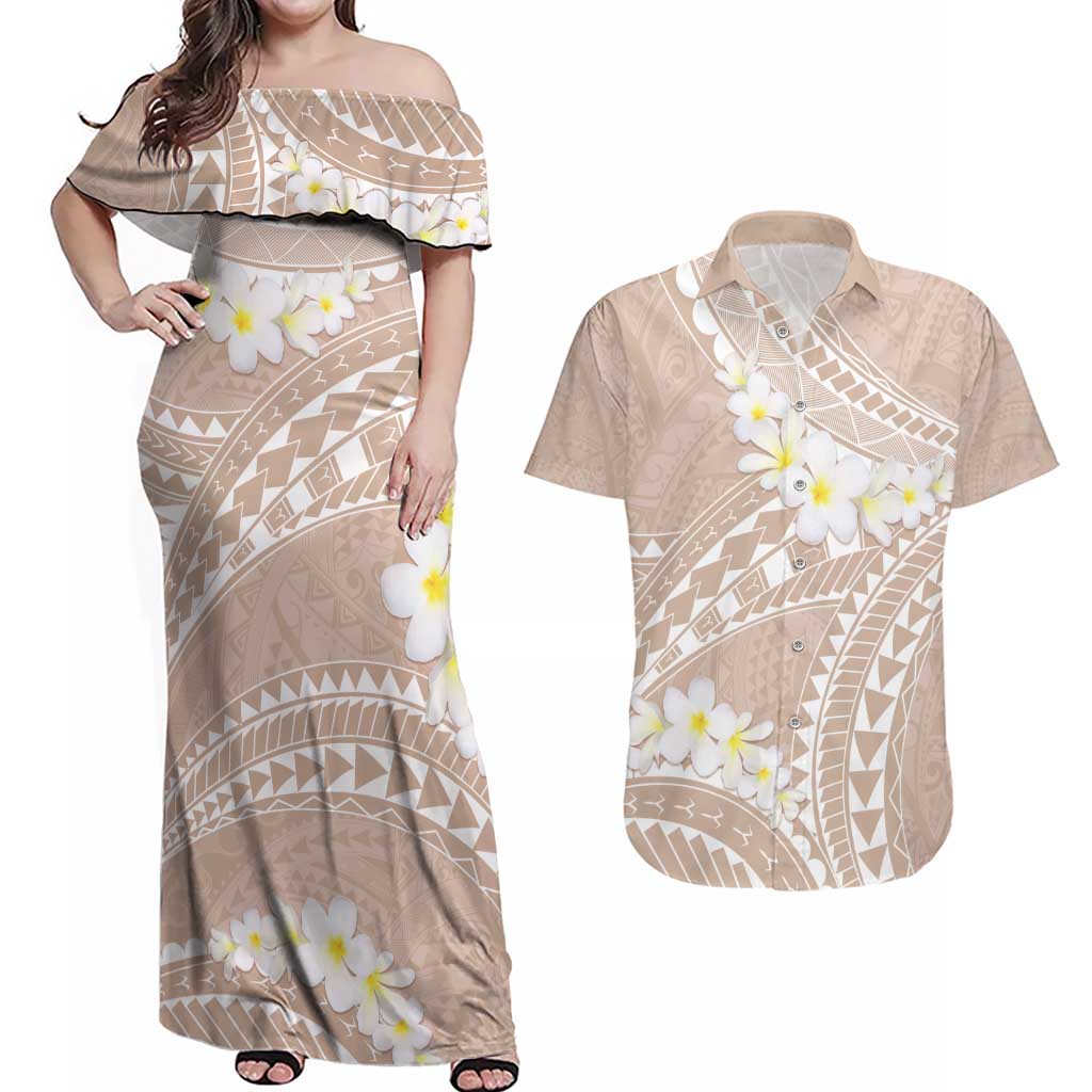 Polynesian Vintage Floral Couples Matching Off Shoulder Maxi Dress and Hawaiian Shirt Beige Motifs LT7 Beige - Polynesian Pride
