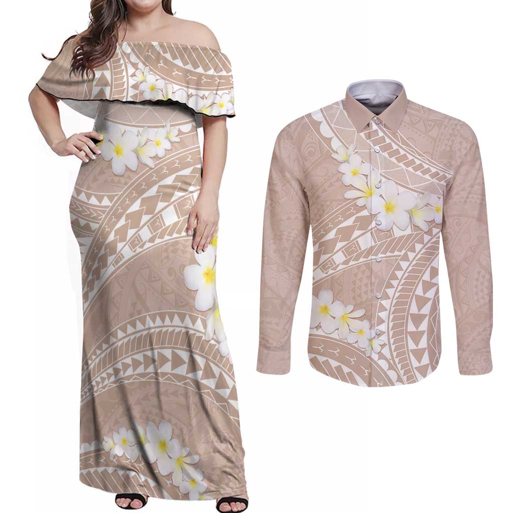 Polynesian Vintage Floral Couples Matching Off Shoulder Maxi Dress and Long Sleeve Button Shirt Beige Motifs LT7 Beige - Polynesian Pride