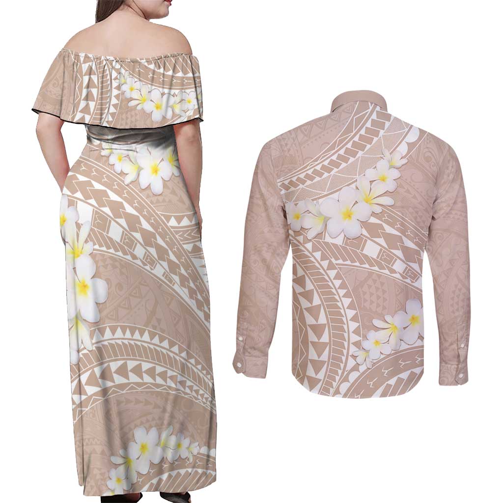 Polynesian Vintage Floral Couples Matching Off Shoulder Maxi Dress and Long Sleeve Button Shirt Beige Motifs LT7 - Polynesian Pride
