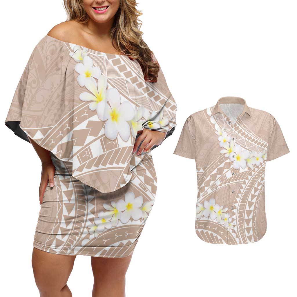 Polynesian Vintage Floral Couples Matching Off Shoulder Short Dress and Hawaiian Shirt Beige Motifs LT7 Beige - Polynesian Pride