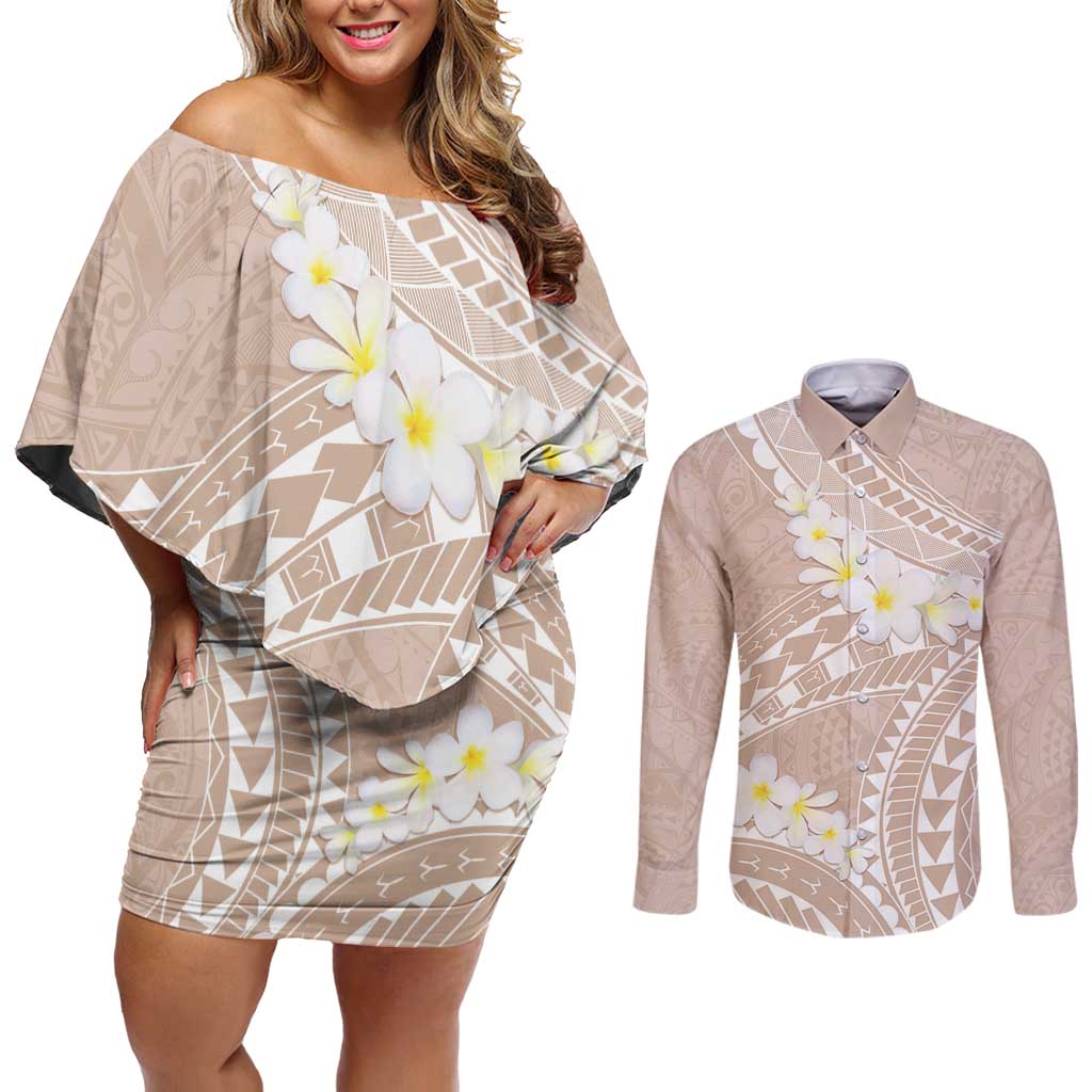 Polynesian Vintage Floral Couples Matching Off Shoulder Short Dress and Long Sleeve Button Shirt Beige Motifs LT7 Beige - Polynesian Pride