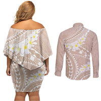 Polynesian Vintage Floral Couples Matching Off Shoulder Short Dress and Long Sleeve Button Shirt Beige Motifs LT7 - Polynesian Pride