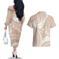Polynesian Vintage Floral Couples Matching Off The Shoulder Long Sleeve Dress and Hawaiian Shirt Beige Motifs LT7 - Polynesian Pride