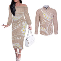 Polynesian Vintage Floral Couples Matching Off The Shoulder Long Sleeve Dress and Long Sleeve Button Shirt Beige Motifs LT7 Beige - Polynesian Pride