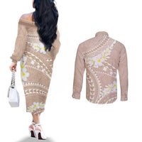 Polynesian Vintage Floral Couples Matching Off The Shoulder Long Sleeve Dress and Long Sleeve Button Shirt Beige Motifs LT7 - Polynesian Pride
