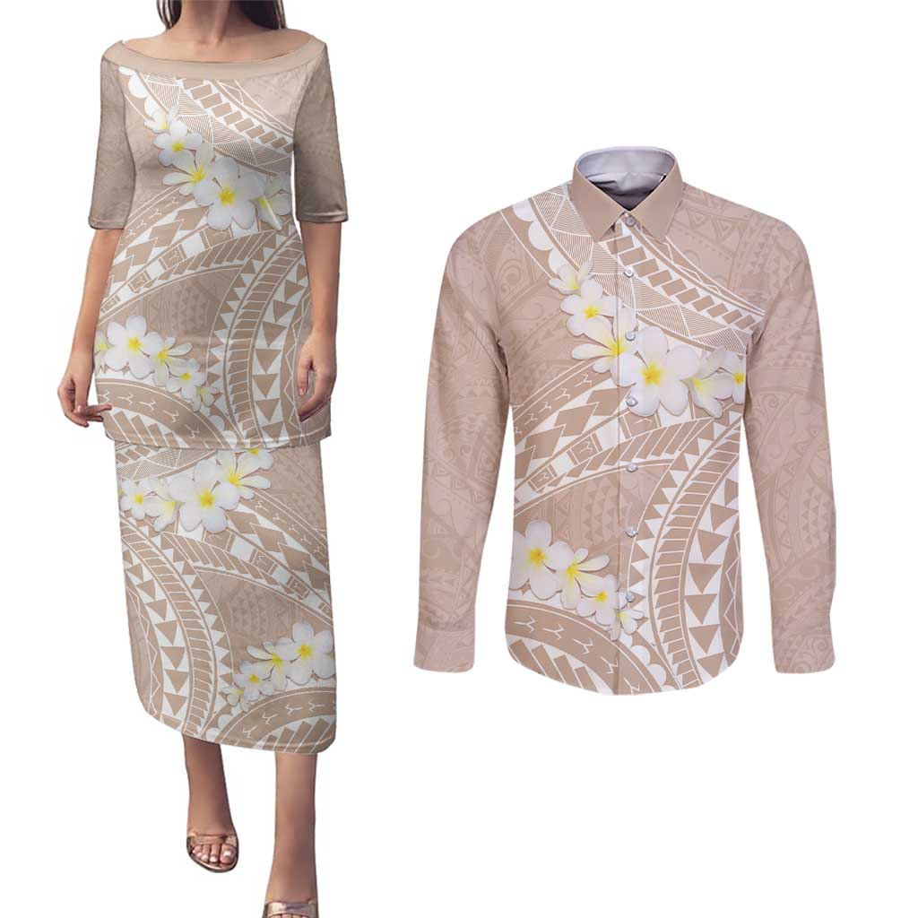 Polynesian Vintage Floral Couples Matching Puletasi and Long Sleeve Button Shirt Beige Motifs LT7 Beige - Polynesian Pride