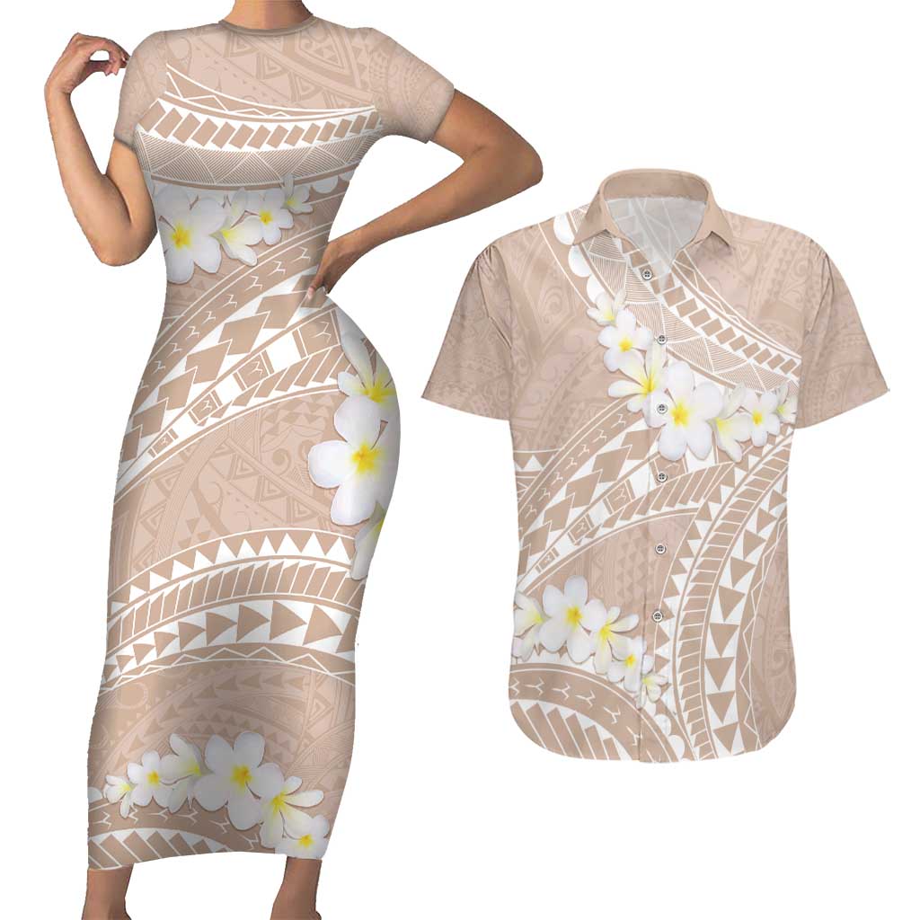 Polynesian Vintage Floral Couples Matching Short Sleeve Bodycon Dress and Hawaiian Shirt Beige Motifs LT7 Beige - Polynesian Pride