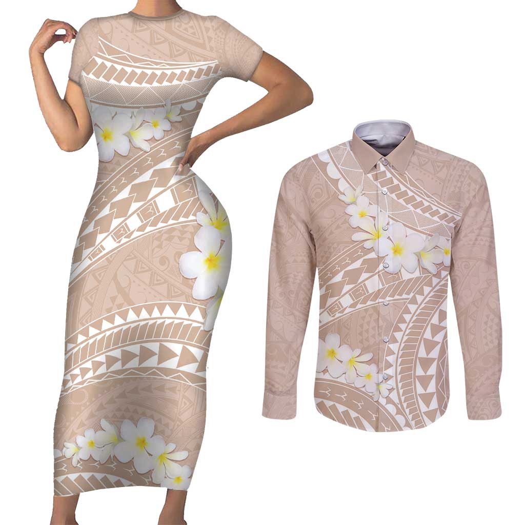 Polynesian Vintage Floral Couples Matching Short Sleeve Bodycon Dress and Long Sleeve Button Shirt Beige Motifs LT7 Beige - Polynesian Pride